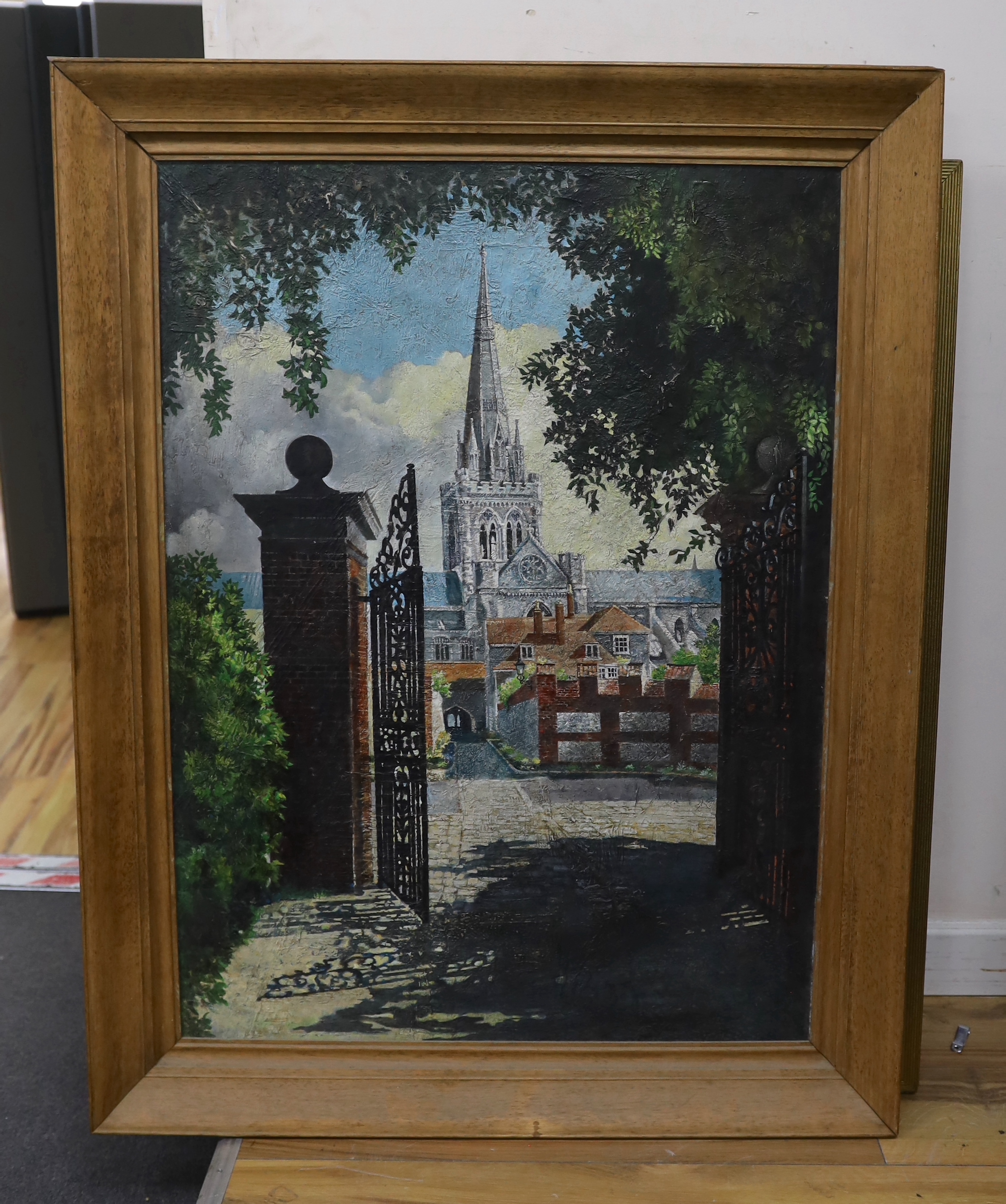 English School, oil on board, Cathedral viewed through a gateway, 92 x 68cm